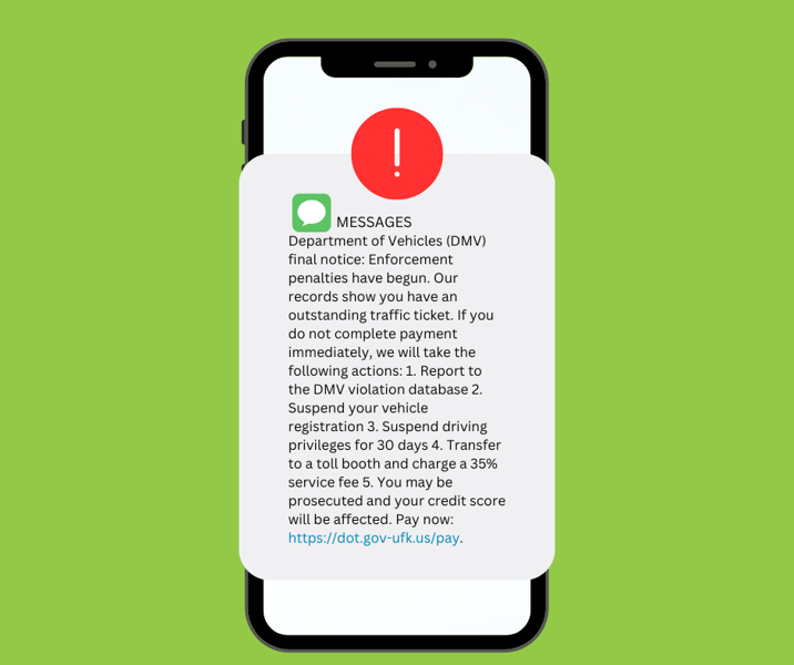 DMV scam text example