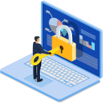 Small man unlocking a laptop with lock and key.